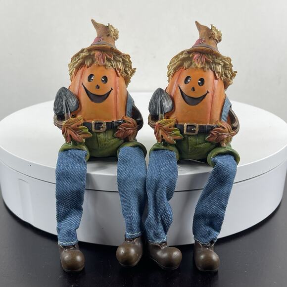 (2) Halloween Pumpkin in Jeans Figurine Shelf Sitter 3.5" Whimsical Decor - Picture 1 of 8